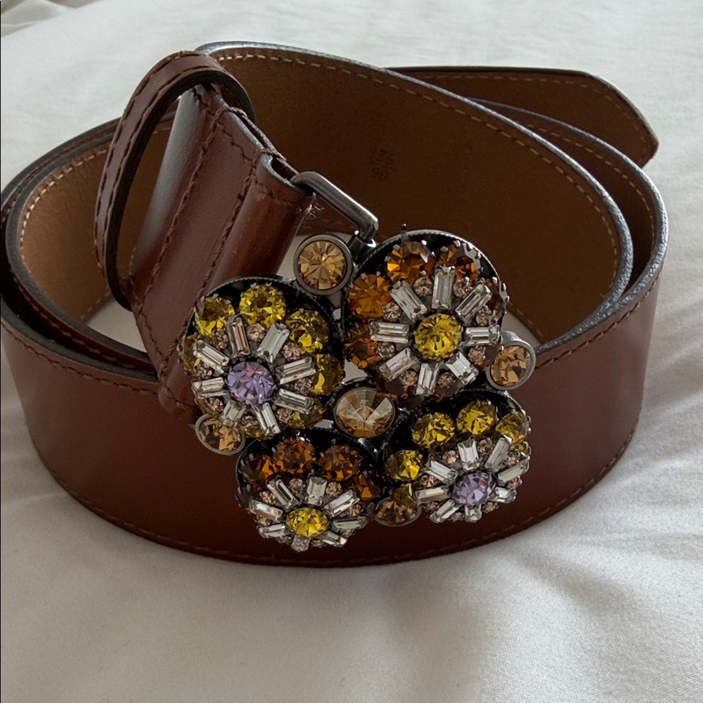 Etro Brown Belt with Gem Floral Buckle